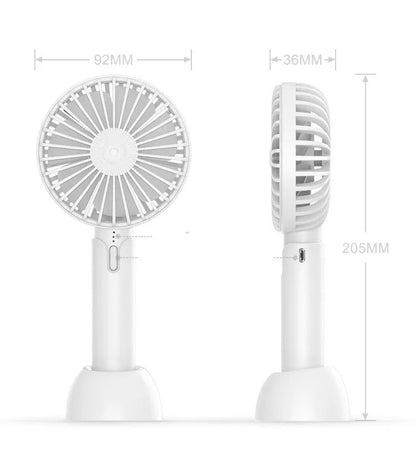 Blue handheld and desktop mini USB electric fan with three-speed control on a table.