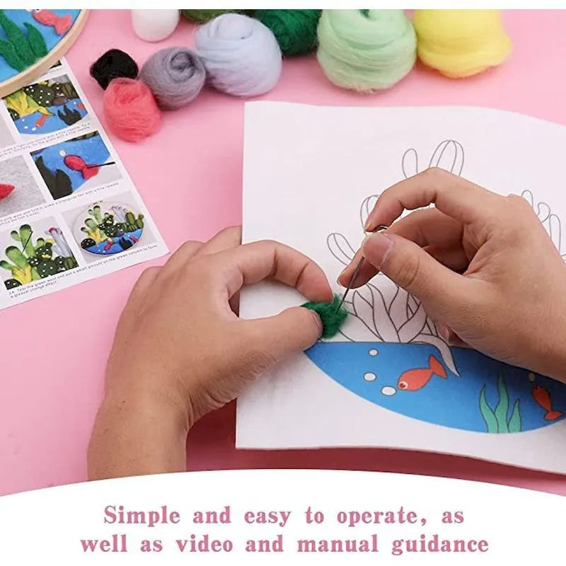 Round three-dimensional embroidery kit with linen fabric, wool felt pieces, and embroidery frame for 20x20 cm blanket painting