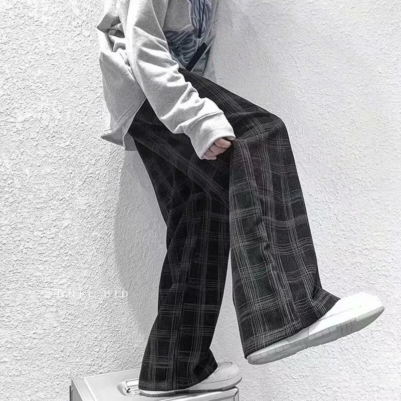 Japanese retro plaid trousers in straight-leg design with mid-waist fit