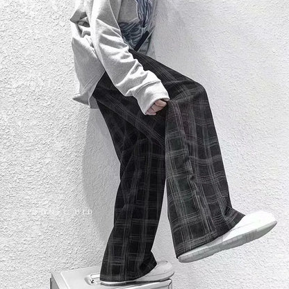 Japanese retro plaid trousers in straight-leg design with mid-waist fit