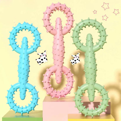 Blue TPR dog chew toy featuring a ring and a chew stick for puppy teething