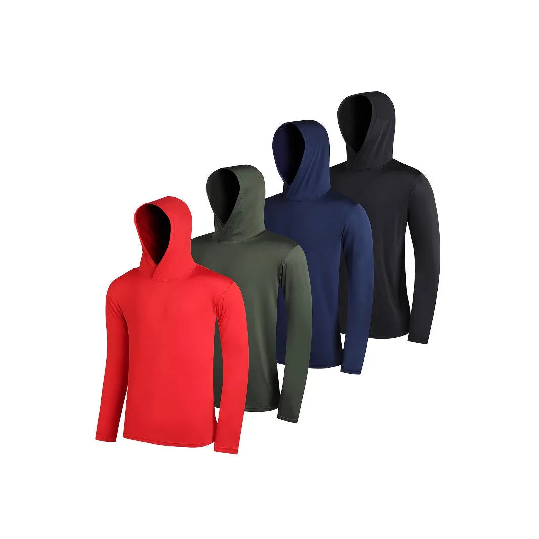 Four coordinated men's hoodies in lightweight elastic polyester fabric showing hooded and non-hooded style options