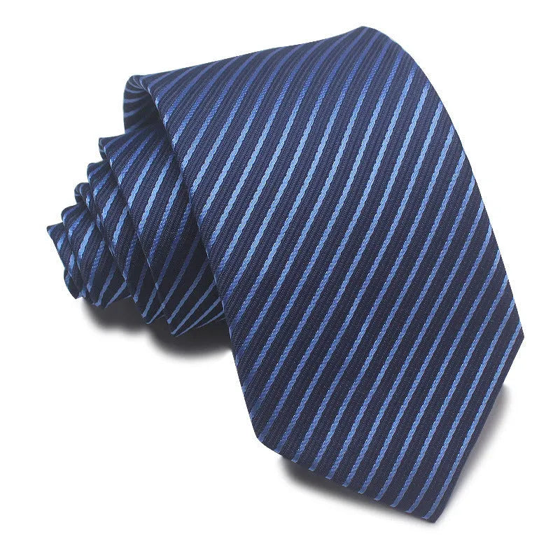 Close-up of a red and black striped men's business tie with a textured Jacquard weave, showing the 8cm width and arrow point shape.
