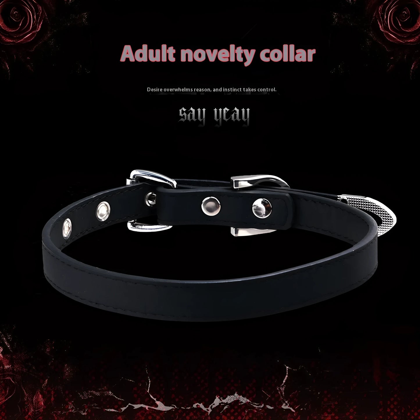 Black genuine cowhide leather collar with alloy pendant, adjustable 41-50cm perimeter