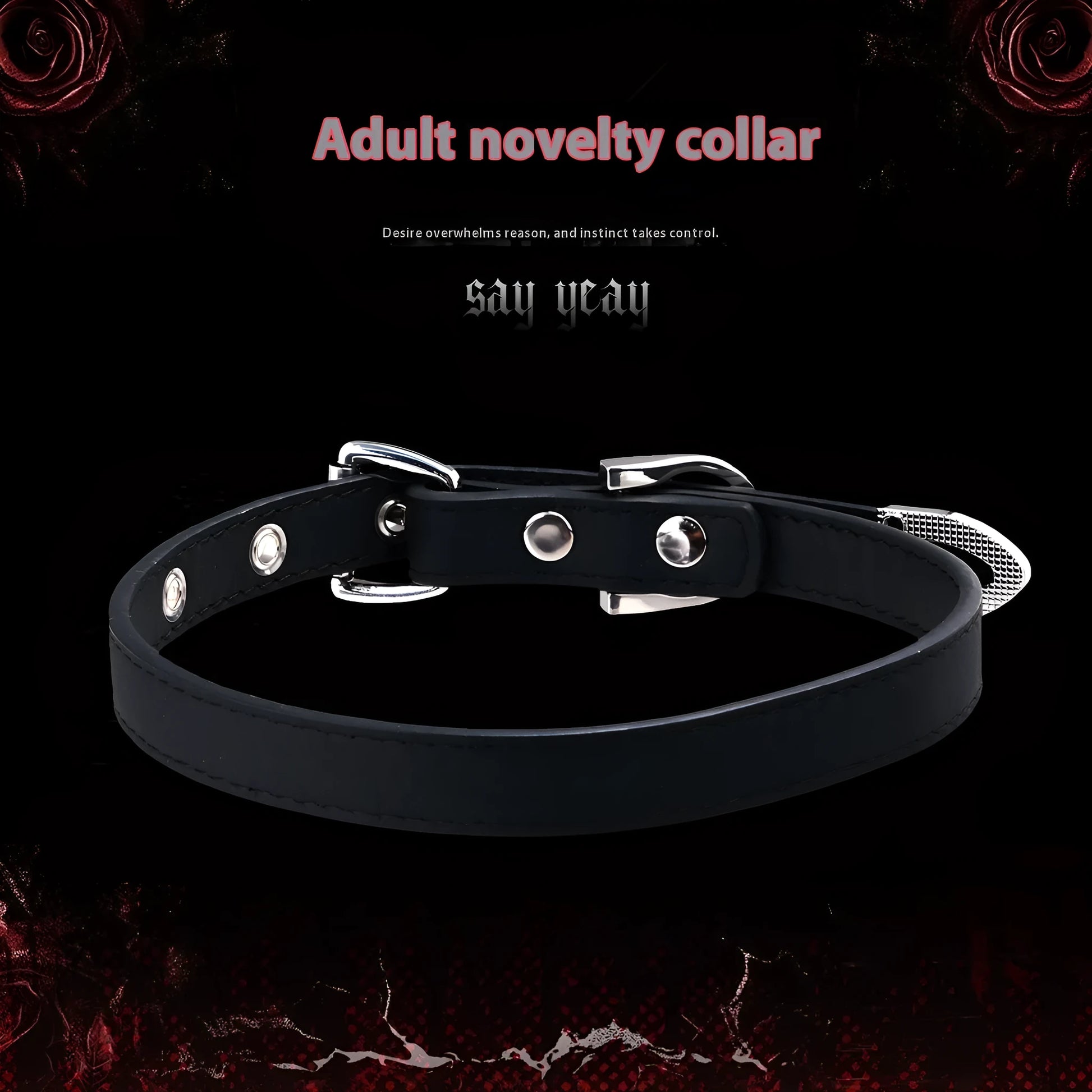 Black genuine cowhide leather collar with alloy pendant, adjustable 41-50cm perimeter