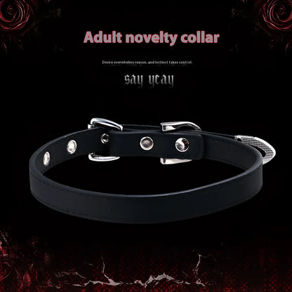 Black genuine cowhide leather collar with alloy pendant, adjustable 41-50cm perimeter