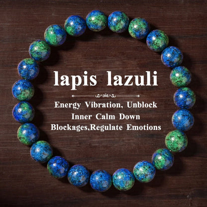 Adjustable natural crystal bracelet showing 15mm beads on elastic cord in blue colour variation