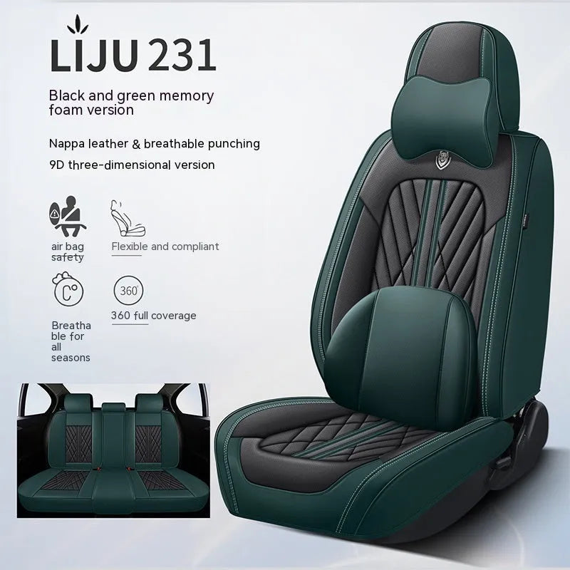 Five-seat car seat cushion set with leather covering in various colour combinations