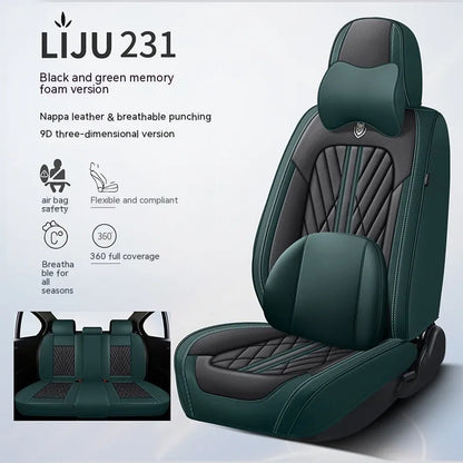 Five-seat car seat cushion set with leather covering in various colour combinations