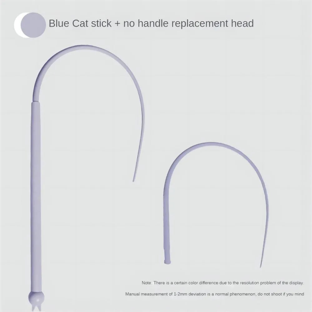 Simulated mouse tail cat teaser toy with blue silicone tail and cat-head handle.