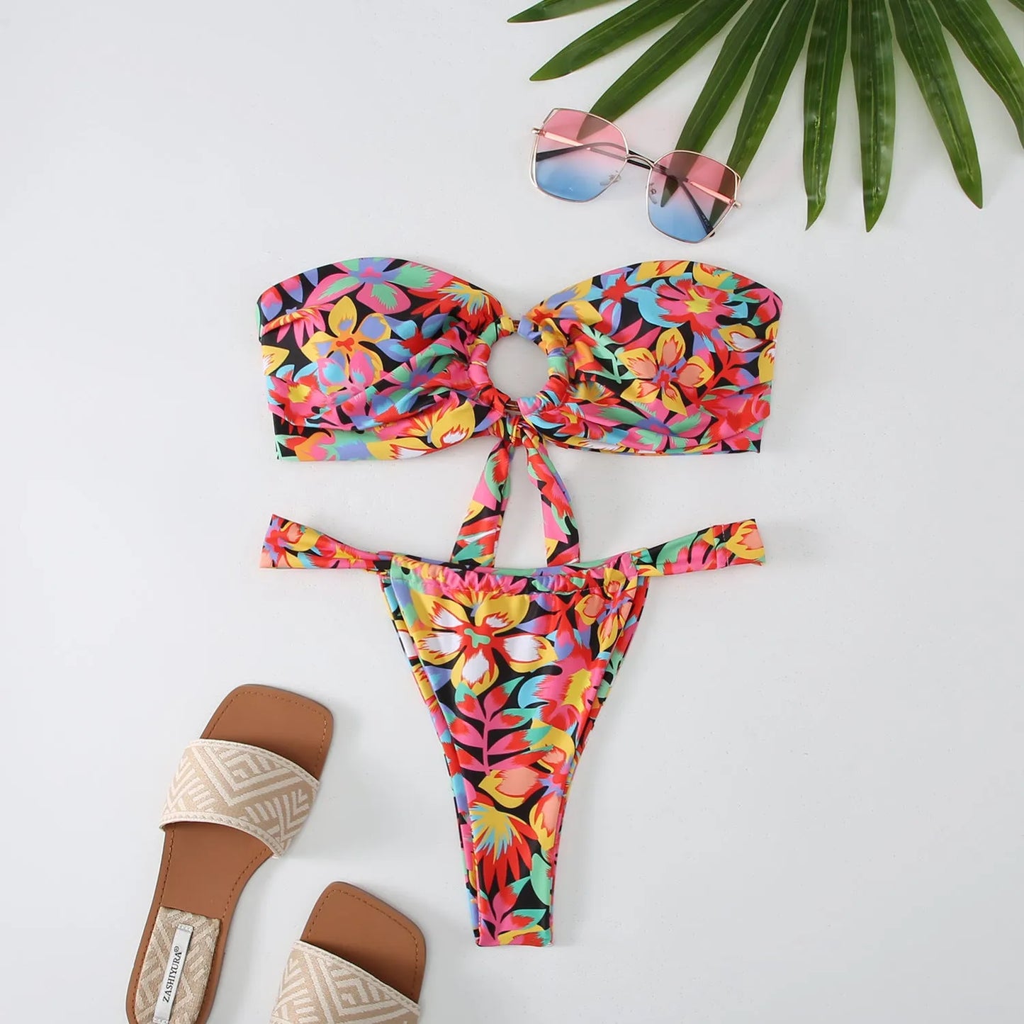 Women's floral print backless tube top bikini swimsuit set on a white background