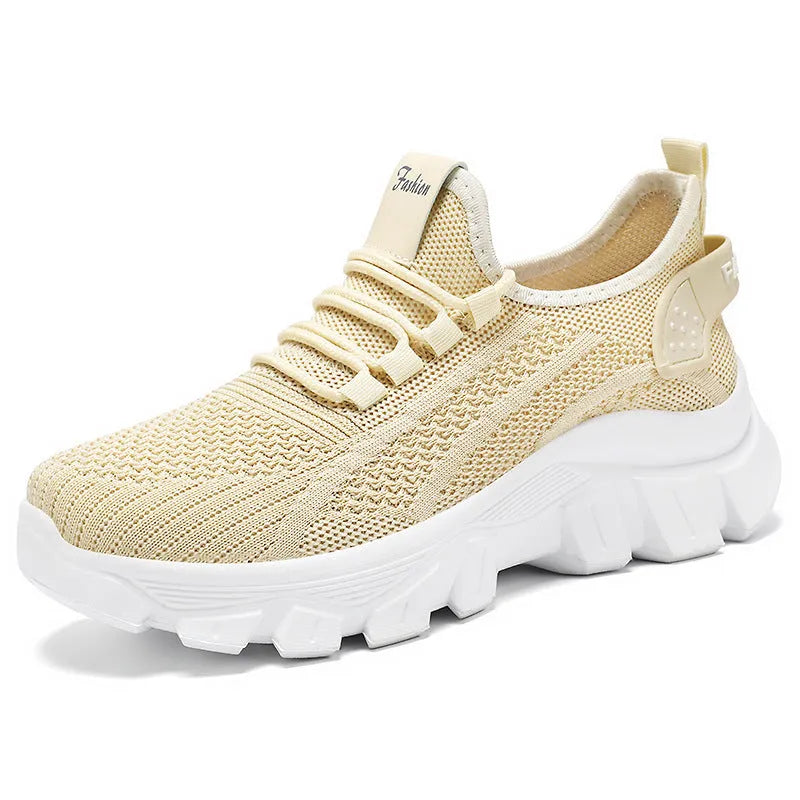 Women's Flyknit running sneakers with PVC sole in white, pink, beige, or black