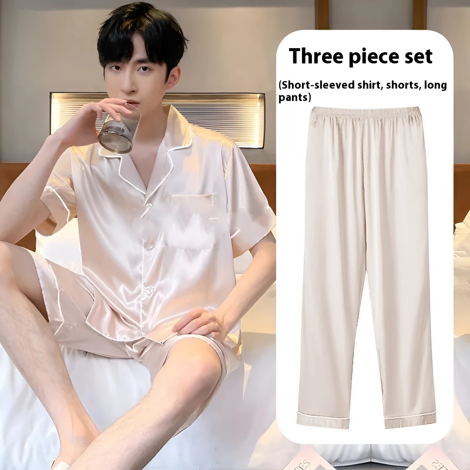Men's ice silk three-piece home wear loungewear set showing shorts and trousers in a selected colour.