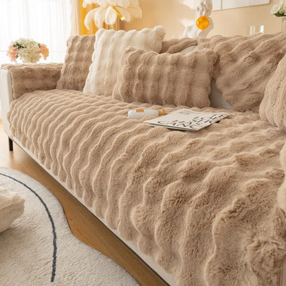 Modern solid colour sofa cushion with thickened bubble rabbit hair plush fabric on a combination sofa.