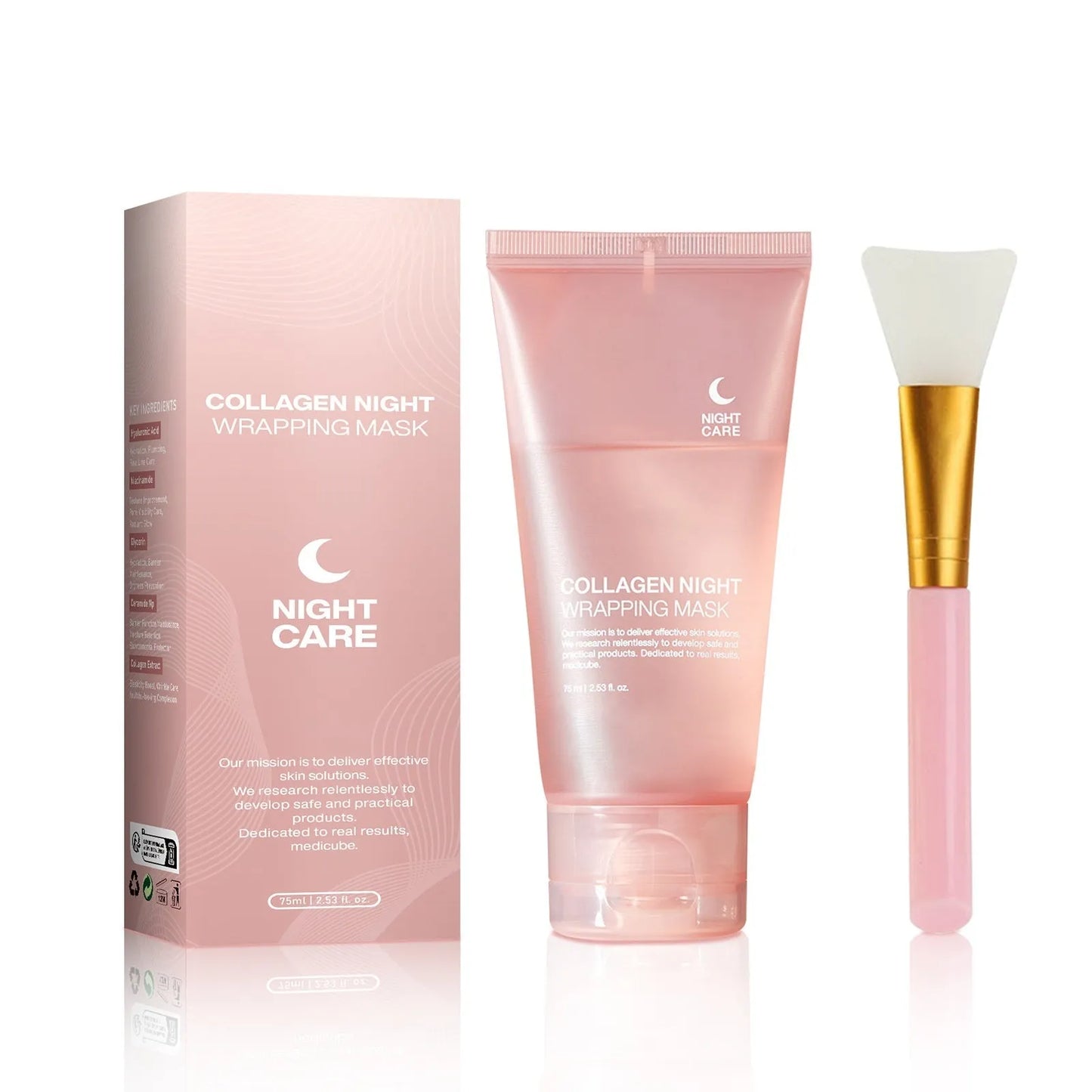 Collagen night face mask 75ml bottle with application brush for firming and anti-wrinkle treatment