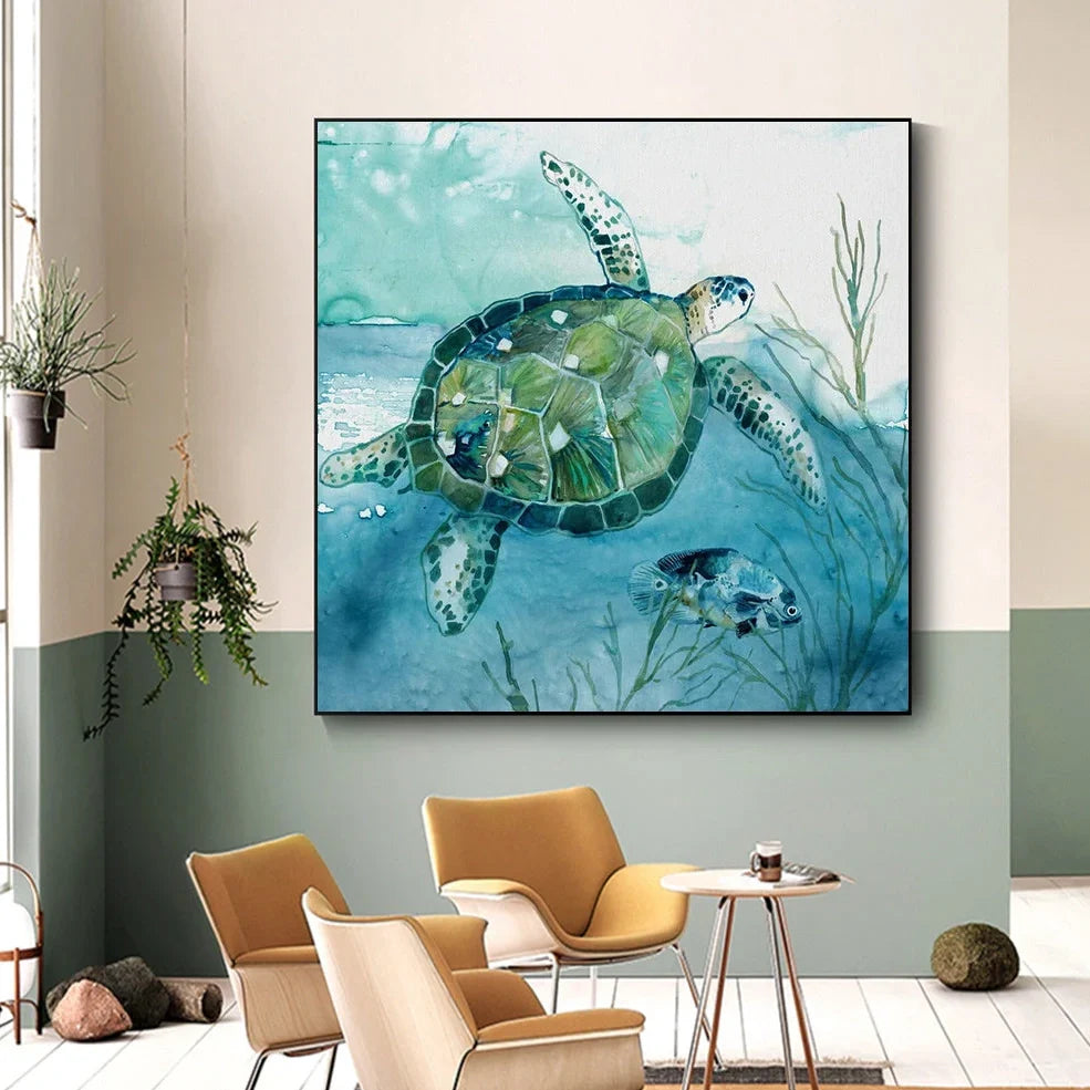 Frameless turtle canvas printing poster in 40x40cm square size with detailed picture colours