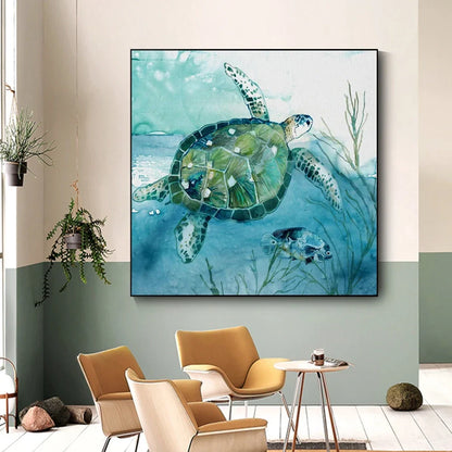 Frameless turtle canvas printing poster in 40x40cm square size with detailed picture colours