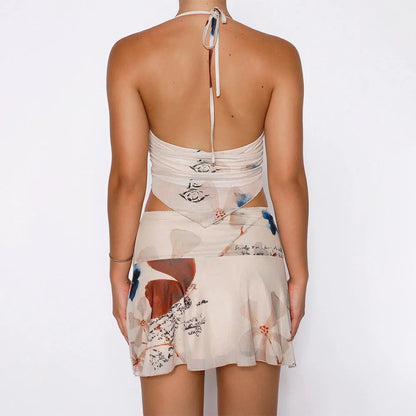 Women's 2Pcs Printed Summer Dress Set with V-neck Halter Top and Pleated Skirt