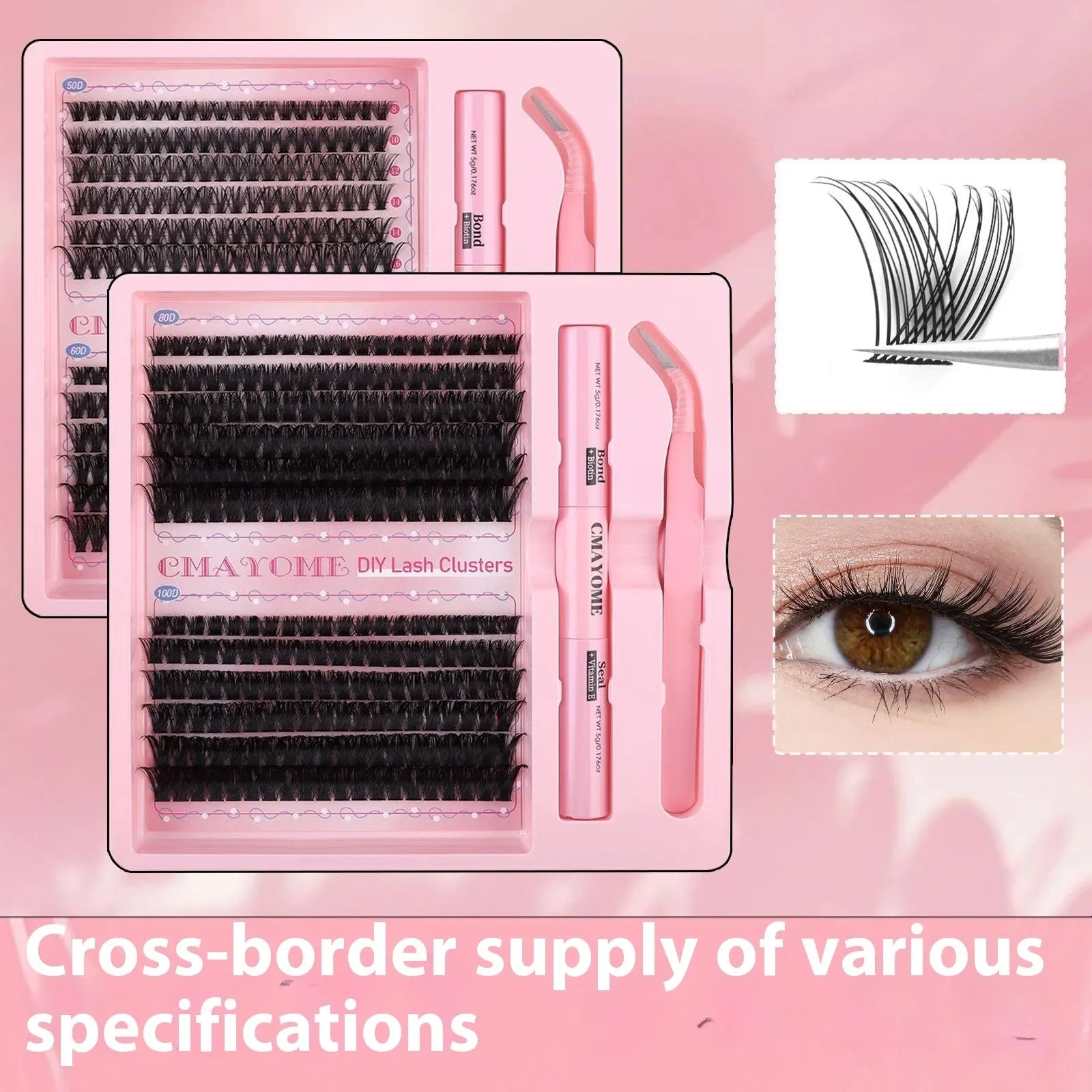 DIY single cluster false eyelashes set showing artificial fibre lashes in a natural thick, mixed split style.