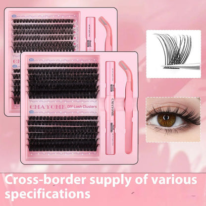 DIY single cluster false eyelashes set showing artificial fibre lashes in a natural thick, mixed split style.