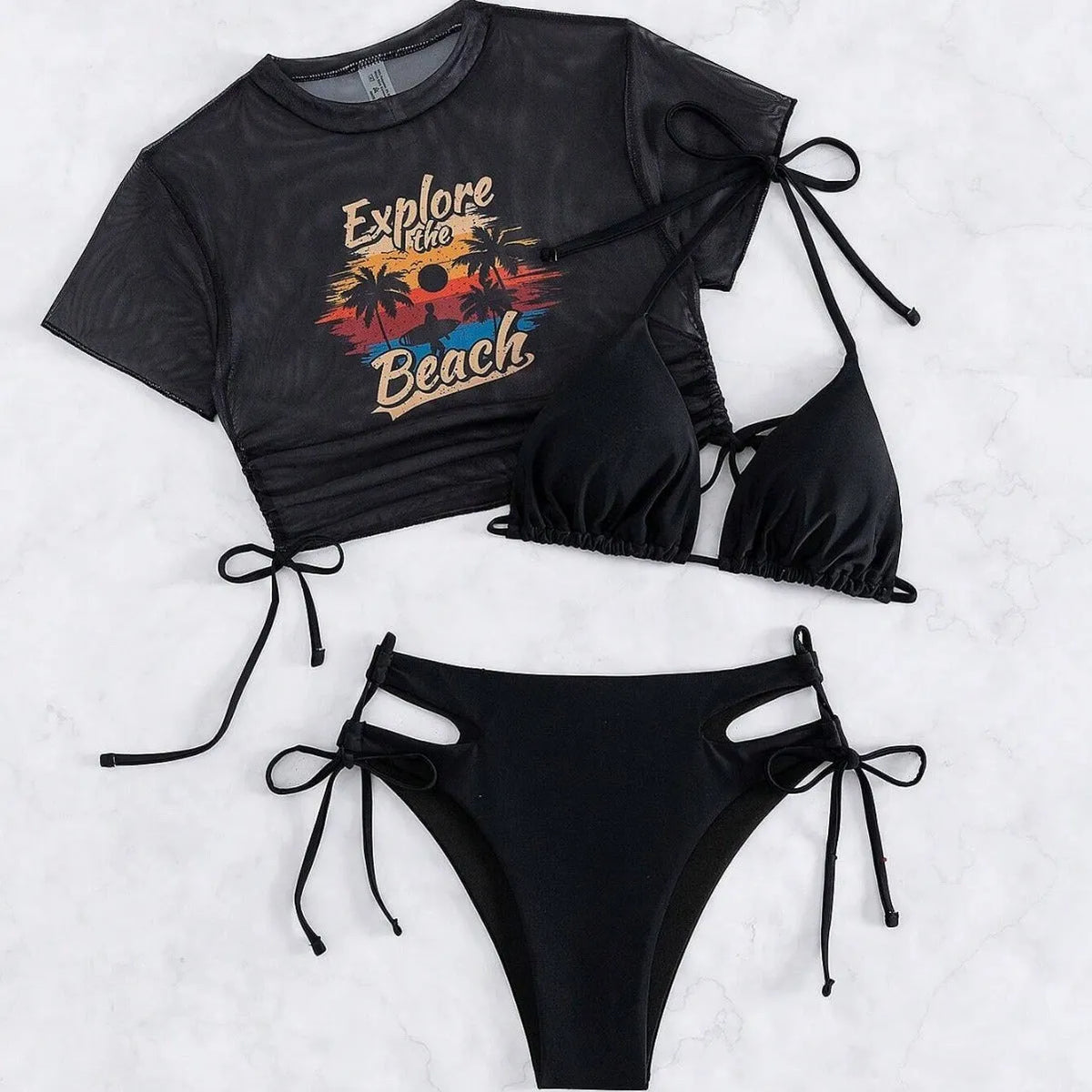 Women's black three-piece bikini swimsuit set with short sleeves