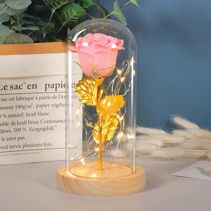 Eternal rose in glass dome with LED string lights, colour options include red, gold, grey, rose red, blue, pink