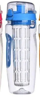 32oz clear Tritan plastic fruit infuser water bottle with a separate fruit cup and leakproof lid.