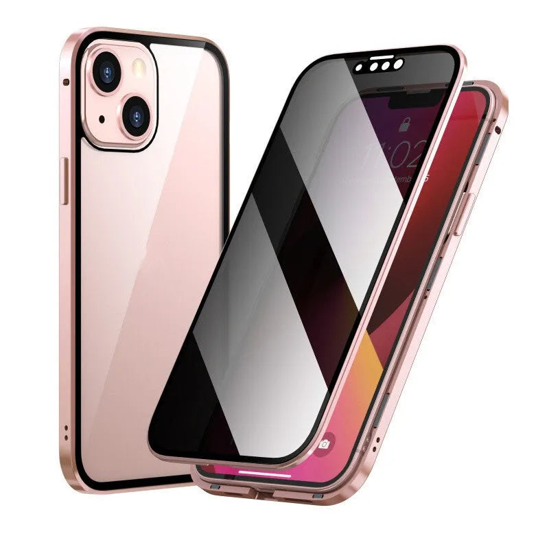 Black magnetic metal iPhone case with a privacy screen protector, shown on an iPhone 15 Pro.