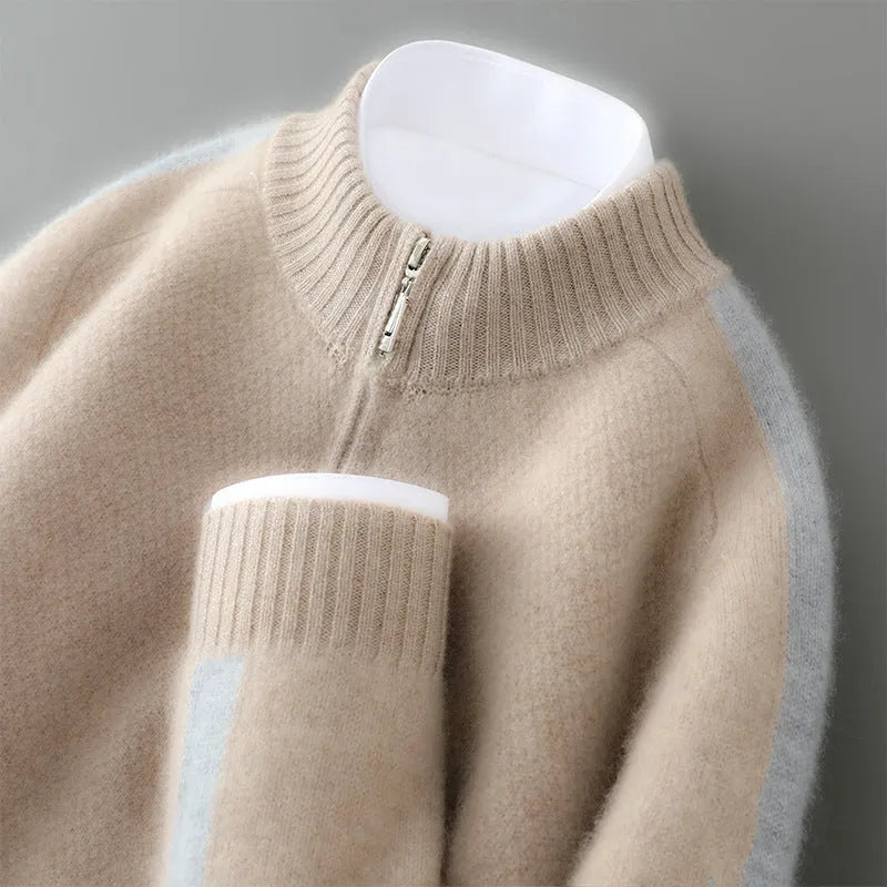 Sheep wool half-zip knitted sweater in slim fit, available in sizes S to XXL for leisure wear.