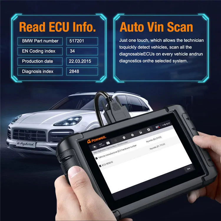 NT809 automotive diagnostic scanner with main unit, cables, and OBDII adapter on workshop bench