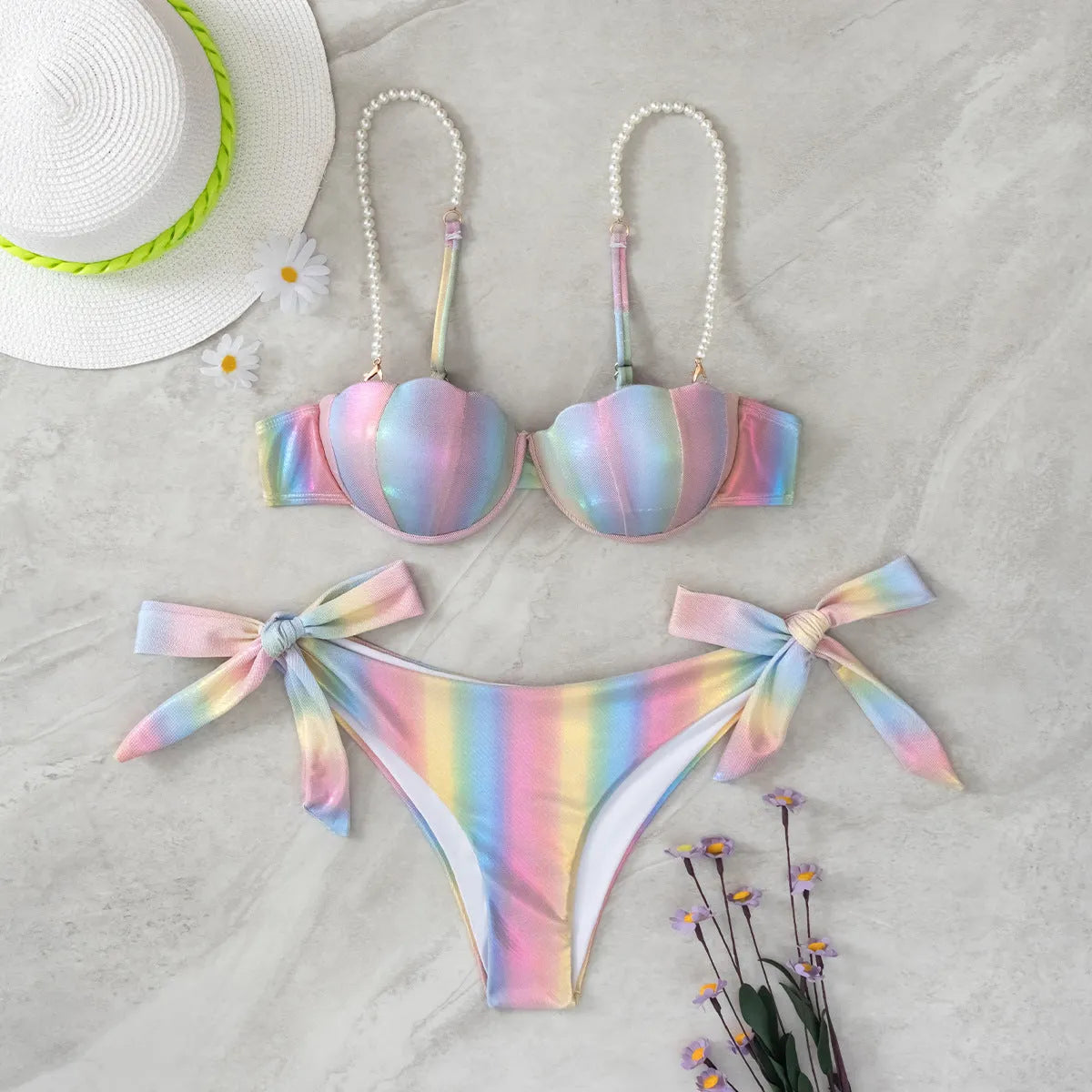 Women's shell rainbow bikini swimsuit with tied front design in polyester fabric for swimming