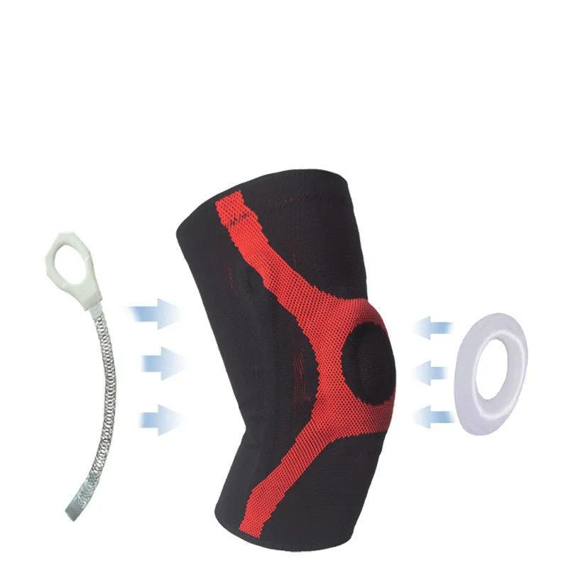 Knitted sports knee pads with silicone grip in red and grey colours for running climbing protection