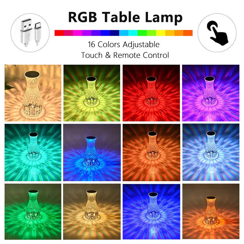 Vase-shaped crystal table lamp with remote control on a bedside table, showing diamond-like glow and USB charging port.