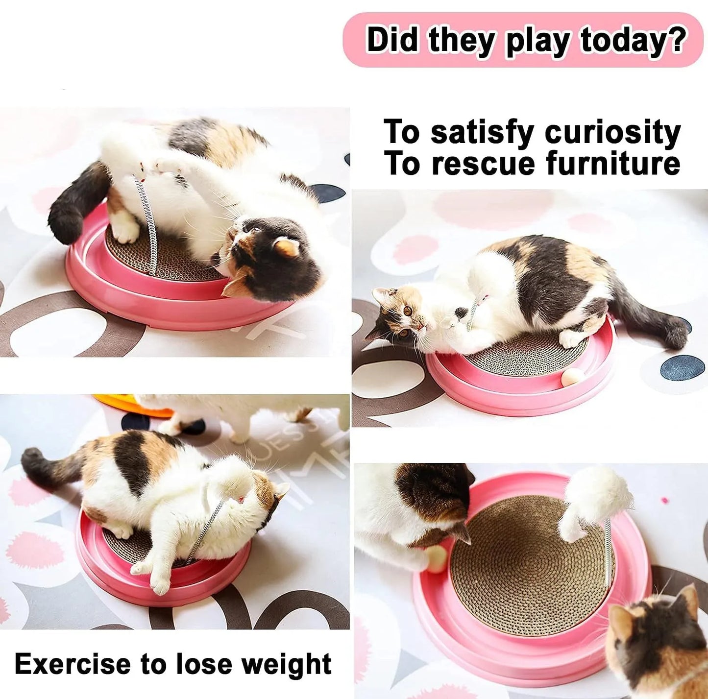 Blue cat scratcher with ball track and replaceable 9.7-inch cardboard pad measuring 40x40cm