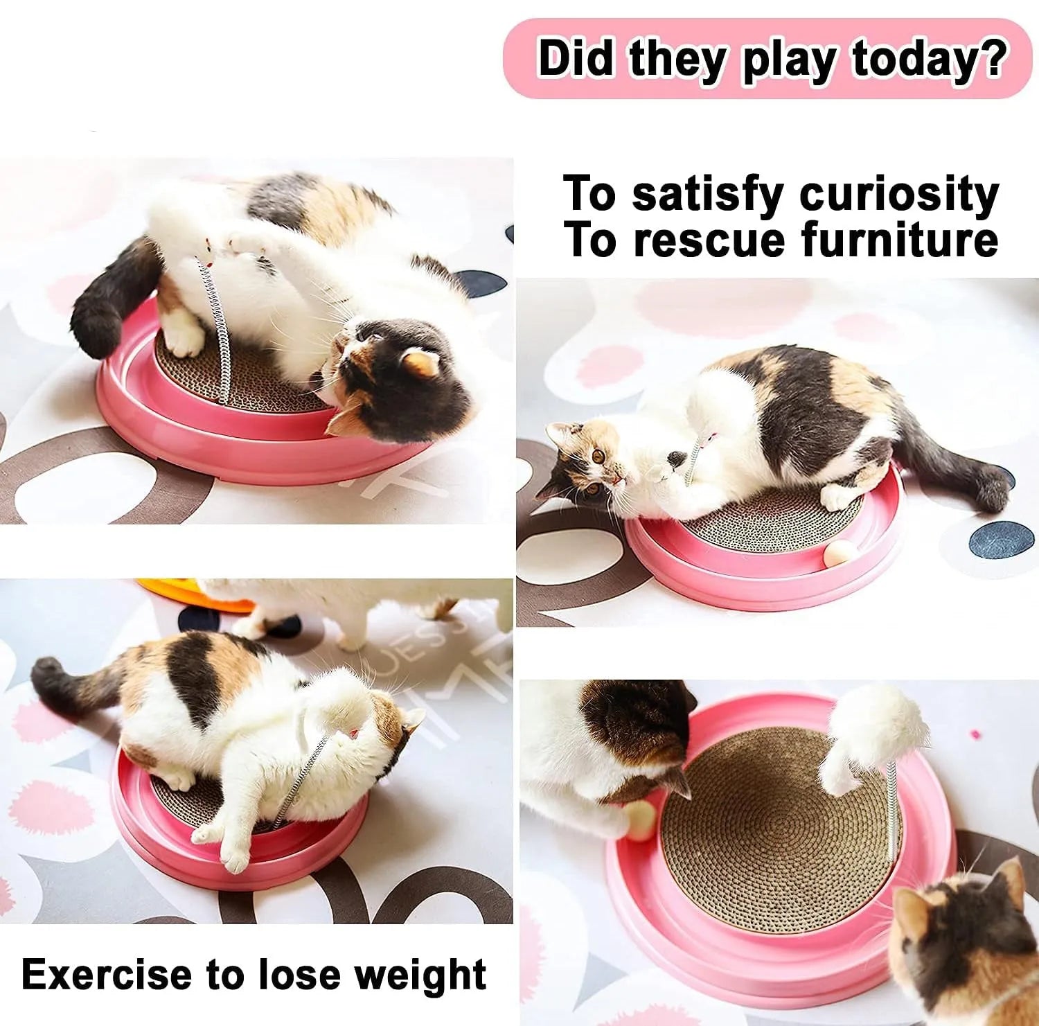 Blue cat scratcher with ball track and replaceable 9.7-inch cardboard pad measuring 40x40cm