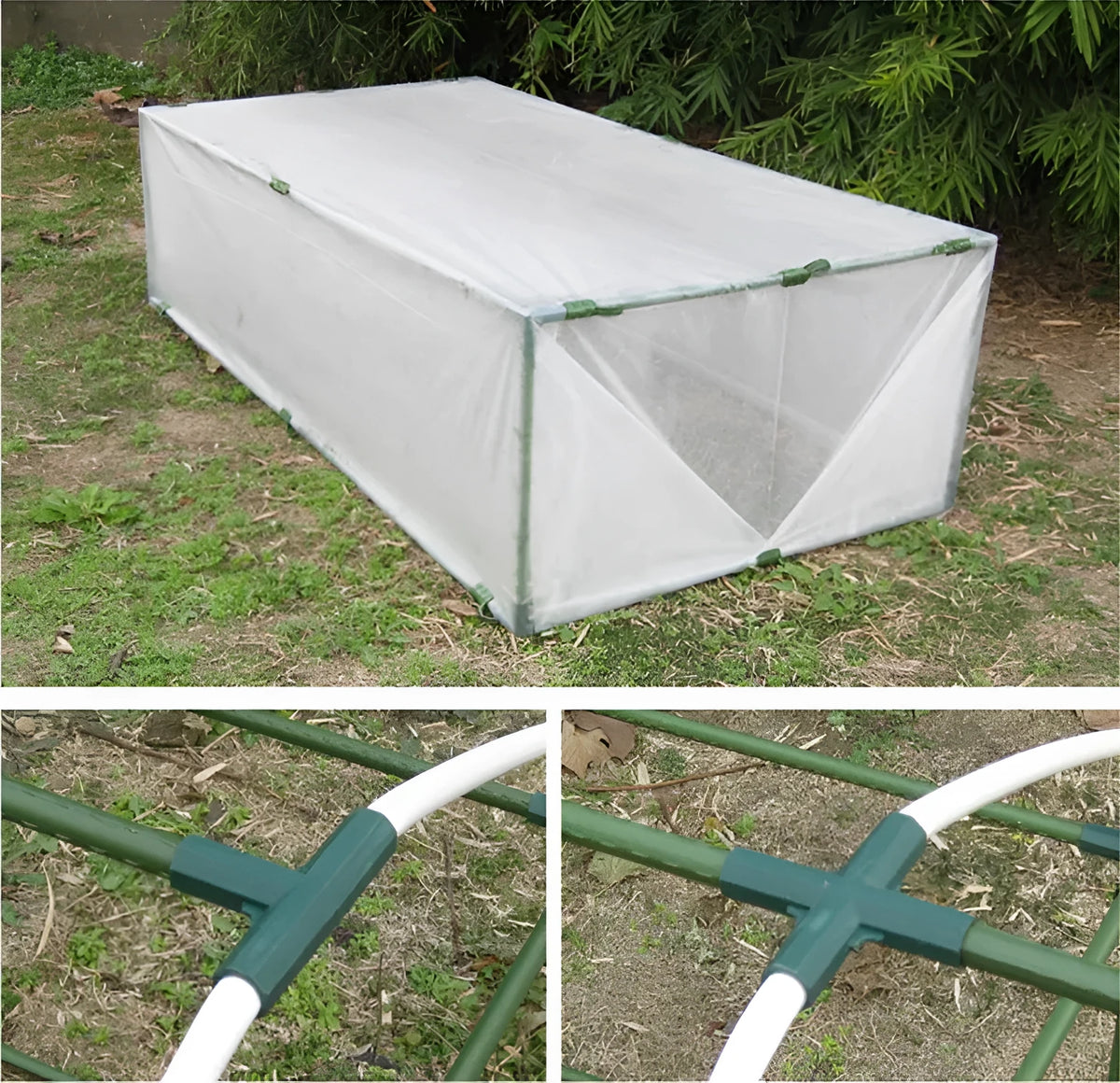 Two white plastic 3-way and 4-way connectors for joining 11mm garden poles to build plant support frames.