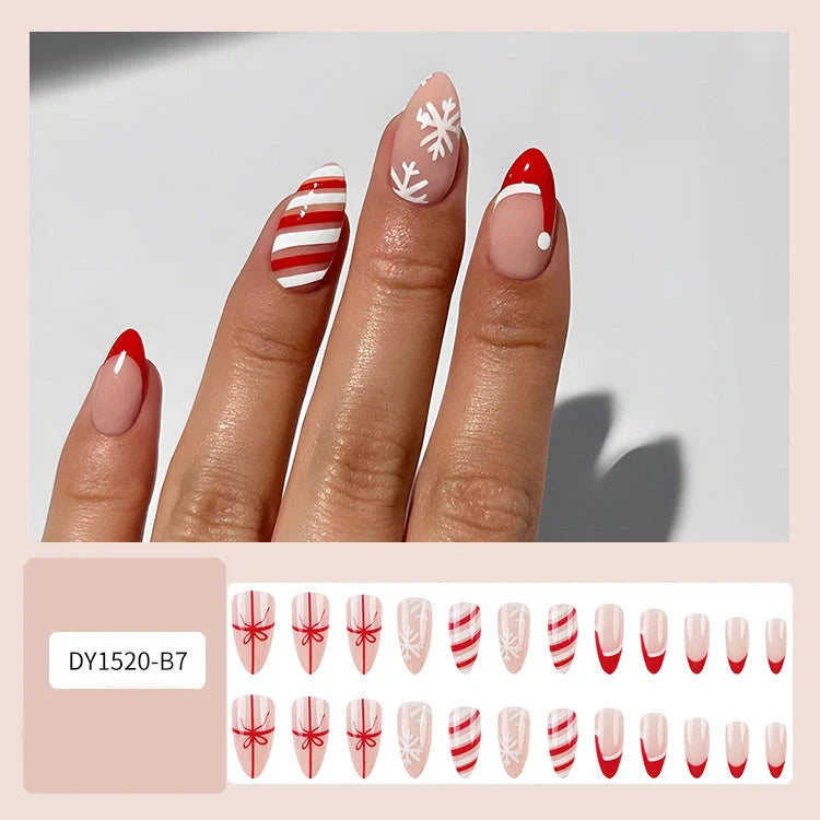 24pcs Christmas false nails with hat striped snowflake design for festive holiday wear