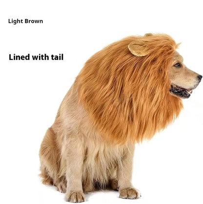 Dog wearing a lion mane headdress costume in light brown with an elastic neckband.