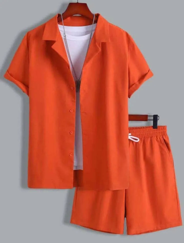 Men's short sleeve Cuban collar sport suit set with matching polyester shorts in multiple colour options
