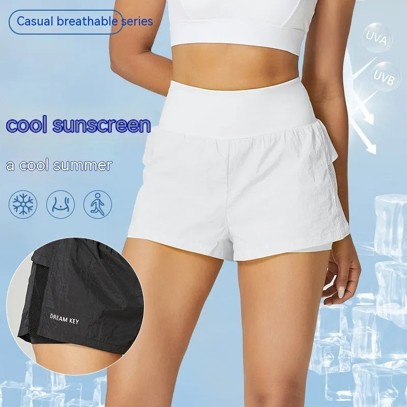 Women's loose fit cotton blend quick-drying sports shorts on a hanger