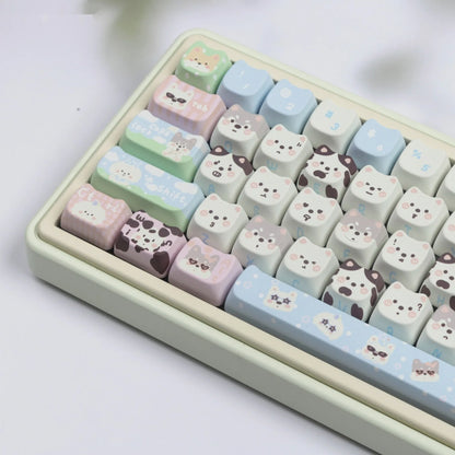 Full set of PBT key caps for mechanical keyboards with colourful cat and puppy designs