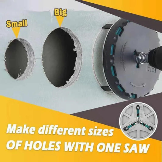 Adjustable hole cutter with infinitely adjustable diameter range and triple-blade design for precise, burr-free cuts on various materials