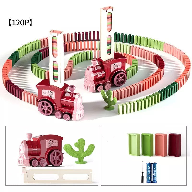 Electric domino train building blocks toy for children, available in dark green and wine red