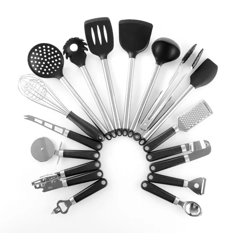 Black silicone spatula spoon set with stainless steel handles, 16 pieces for cooking and baking