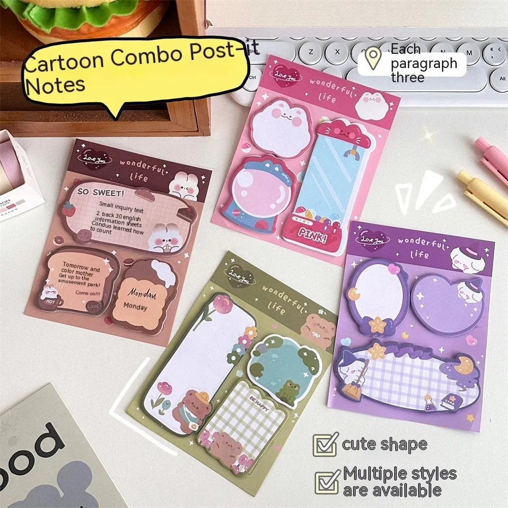Cartoon combination sticky notes pad with 60 paper sheets, 10 x 13cm special-shaped memo stickers in four cover colours