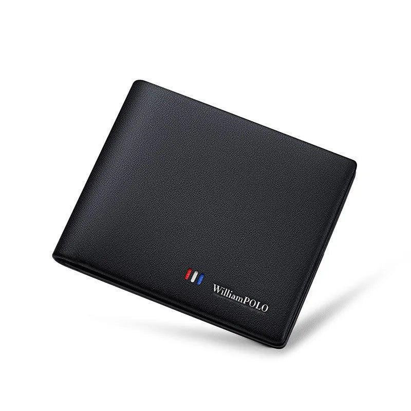Men's leather wallet featuring anti-theft card swiping function, crafted from cowhide with a cowhide lining, urban simplicity style with a subtle letter pattern, available in nine colours including black, brown, navy and tan, supplied in a black gift box.