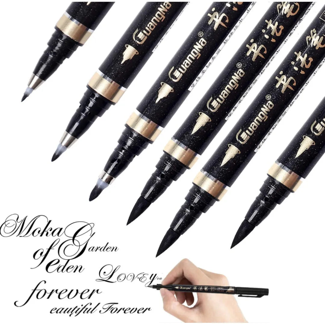 Six-piece soft brush calligraphy pen set in a box with plastic barrel and add-ink design
