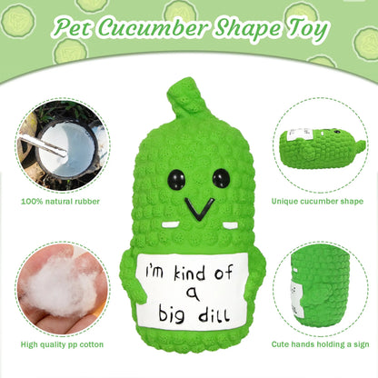 Green pickle-shaped latex squeaky dog toy with textured nubs for teeth cleaning.