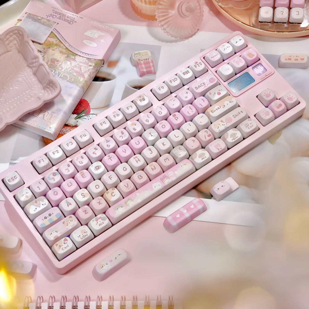 Pink MOA height mechanical keyboard key cap set with cartoon design on all five sides