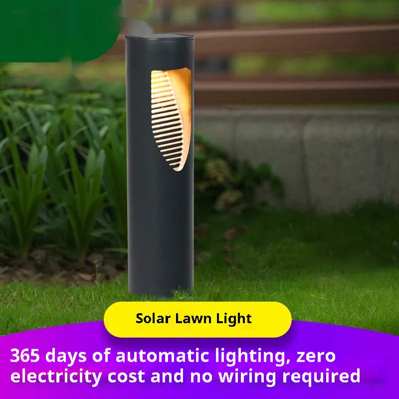 Solar garden light with black geometric abstract art design constructed from waterproof stainless steel and plastic materials suitable for outdoor lawn yard decoration, powered by solar energy with IP44 protection rating against weather elements